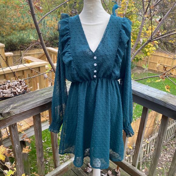 Unbranded Green Swiss Dot Long Sleeve V-Neck Dress Large - Picture 1 of 5